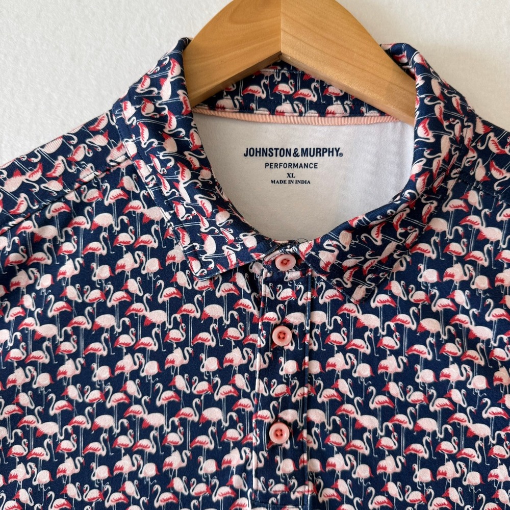 Johnston & Murphy Performance Flamingo Print Golf Polo Shirt Navy Pink XL